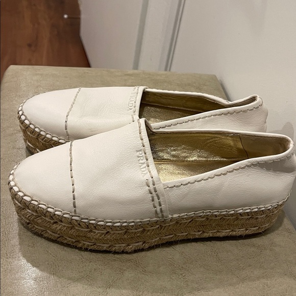 Prada White Leather Espadrille Platform Slip-Ons - Picture 7 of 9